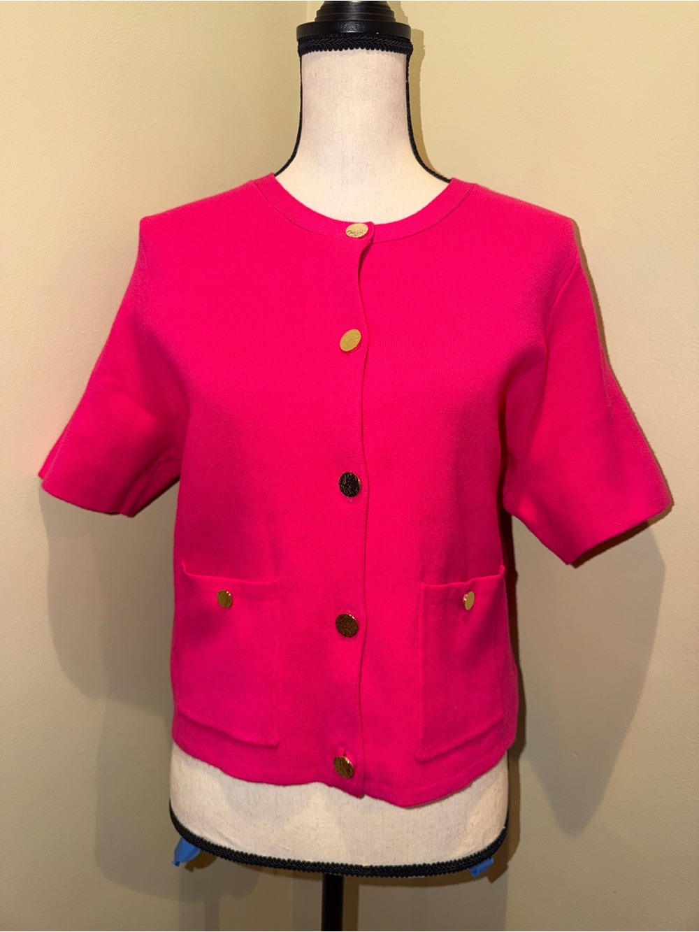 Marc New York Hot Pink Short Sleeve Button Knit Cardigan Sweater M Gold Buttons